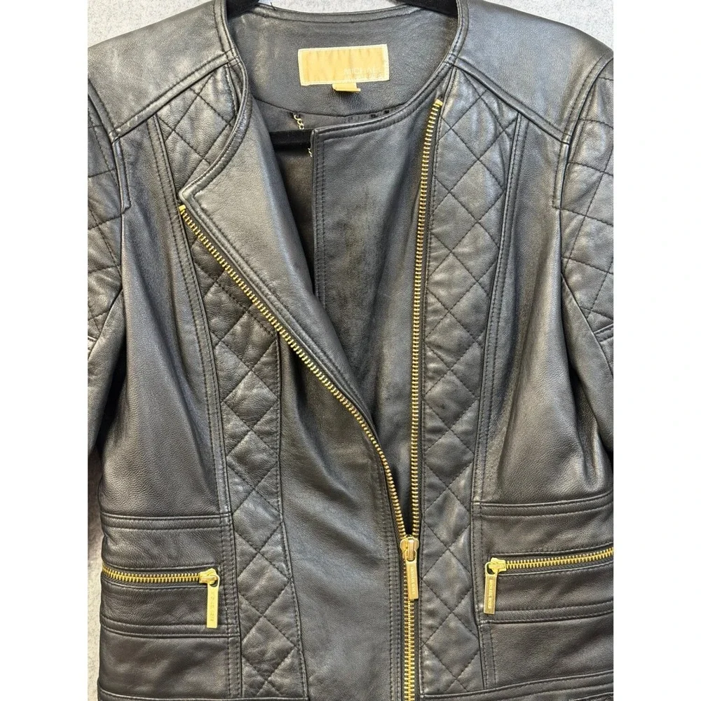 Michael Kors Womens Black Quilted Leather Moto Jacket Gold‎ Hardware Size S